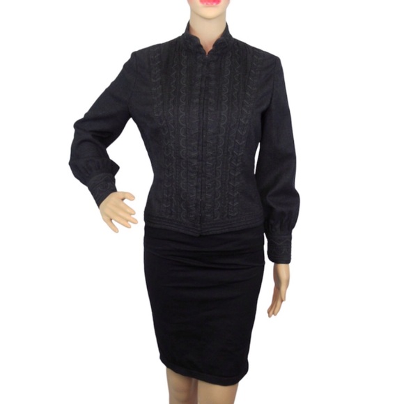 ELIE TAHARI Vintage Black Wool Victorian Style Embroidered Jacket Women’s Size 8 - Picture 2 of 12